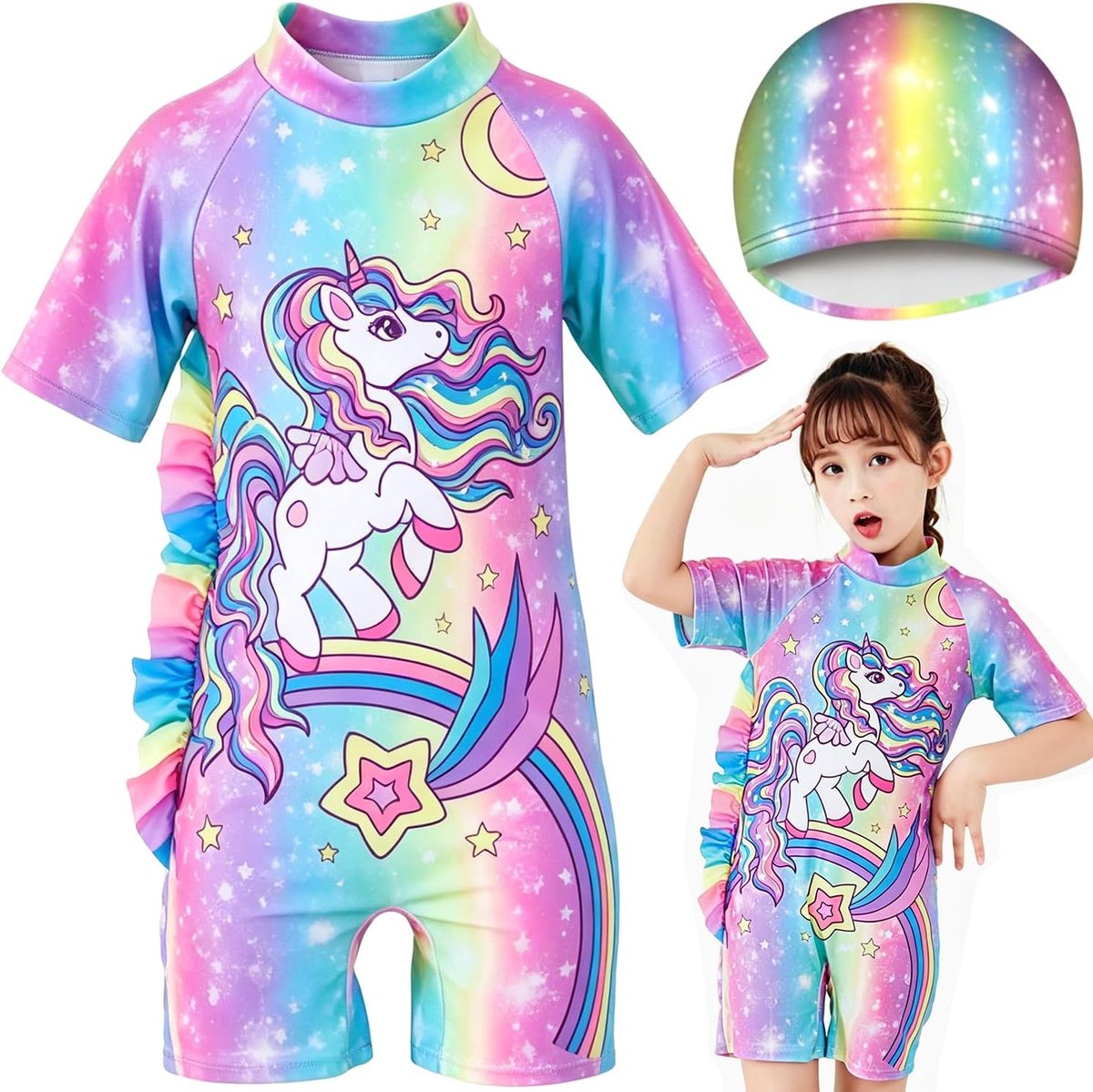 Einhorn einteiler kinderen 6-8 jaar - badkleding met zwemhoed - kleurrijk ontwerp - perfect voor strand en zwembad - ShopVlot