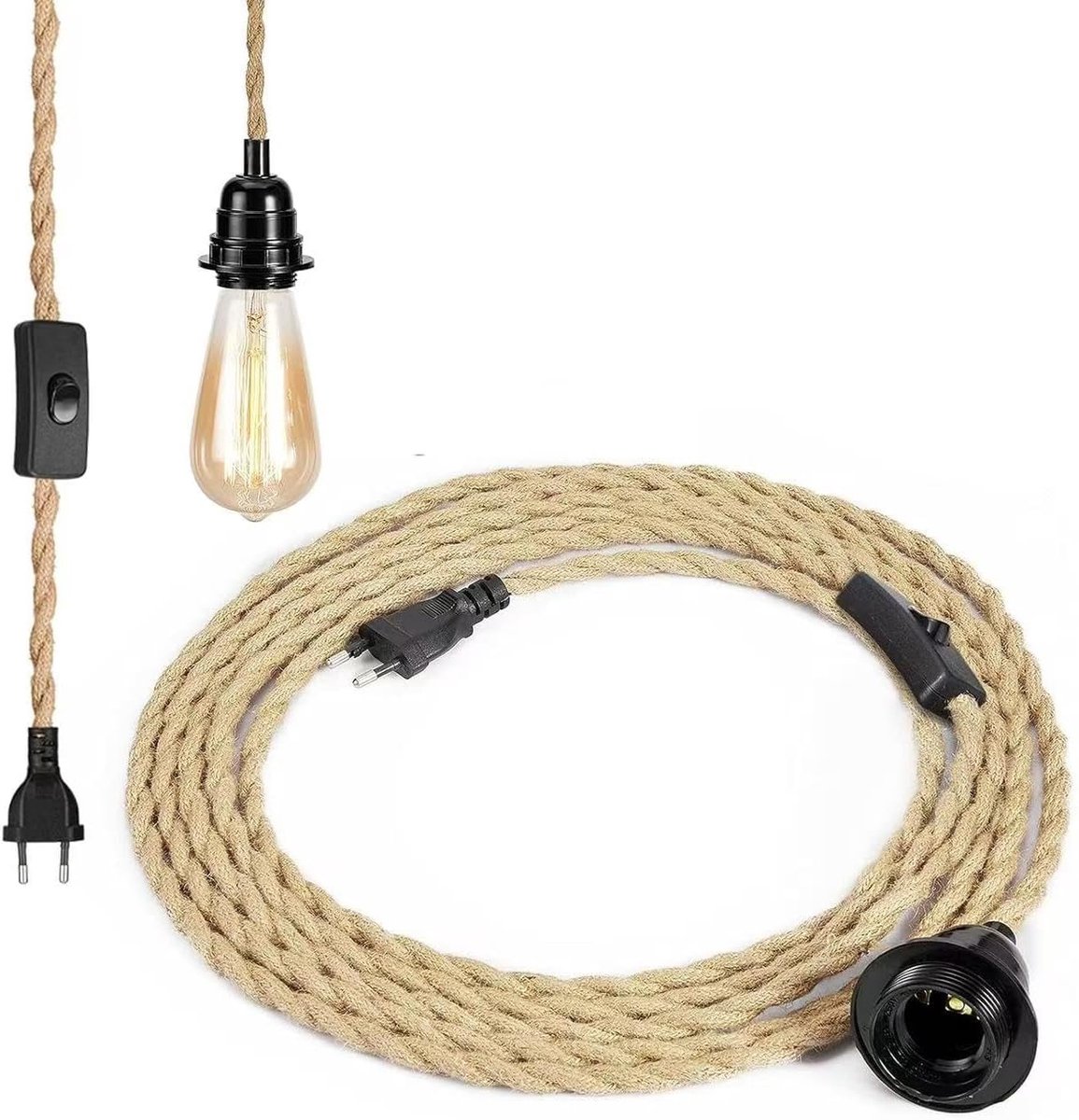 Ceiling light kabel 4.5m - vintage jute touw - E27 lampfitting - veilig en hittebestendig - ShopVlot