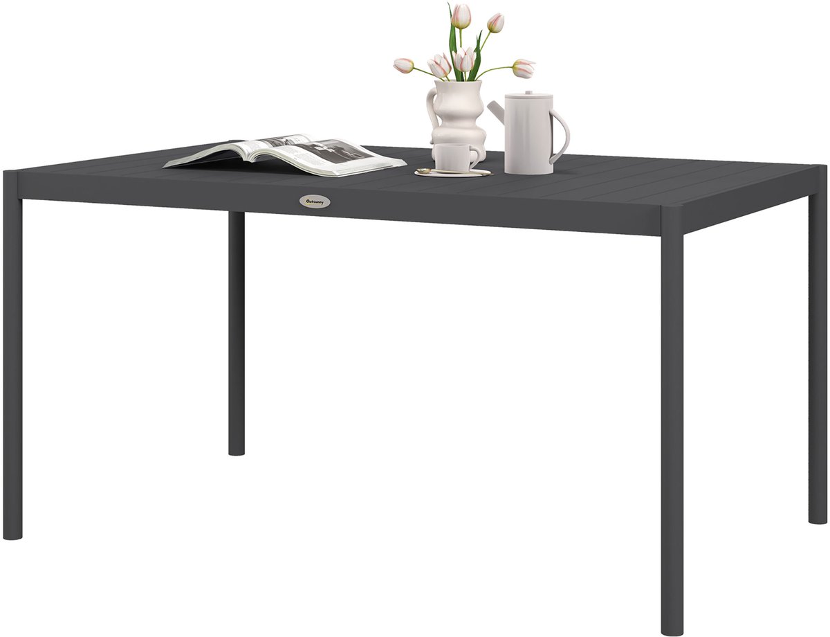 Rechthoekige tuintafel voor 6 personen – aluminium tafelblad met lamellen – 145 x 90 x 74 cm – grijs