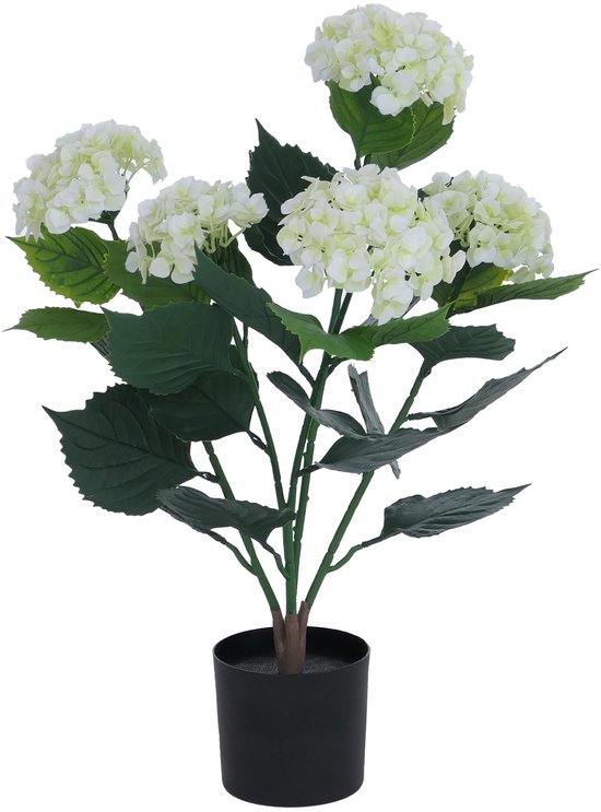 Kunstplant van hortensia met witte bloemen en donkergroene bladeren in een zwarte pot.