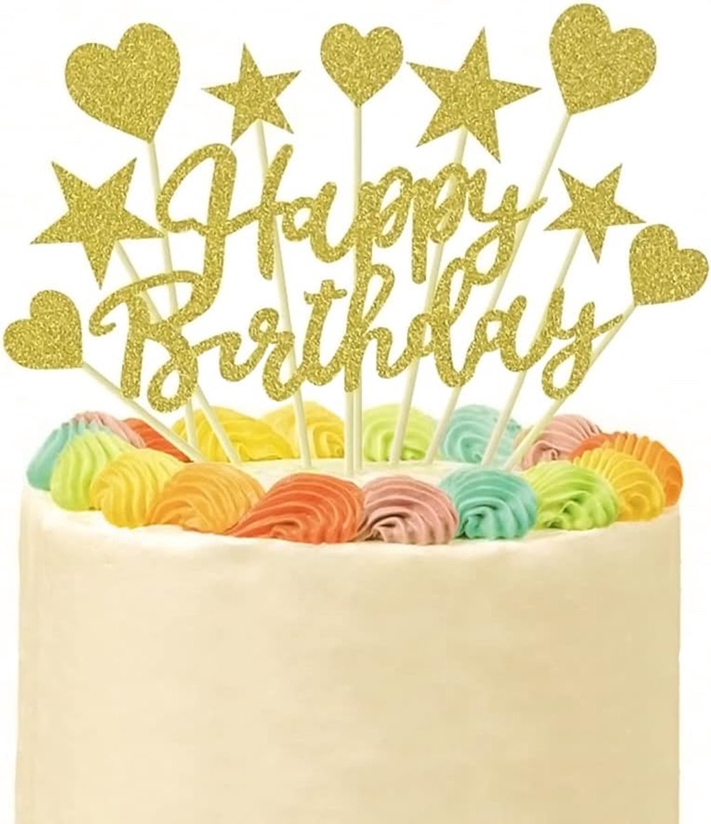 Verjaardagstaart topper 11 stuks - Glanzend papier - Sterren en harten - Perfect voor feestelijke taarten - ShopVlot