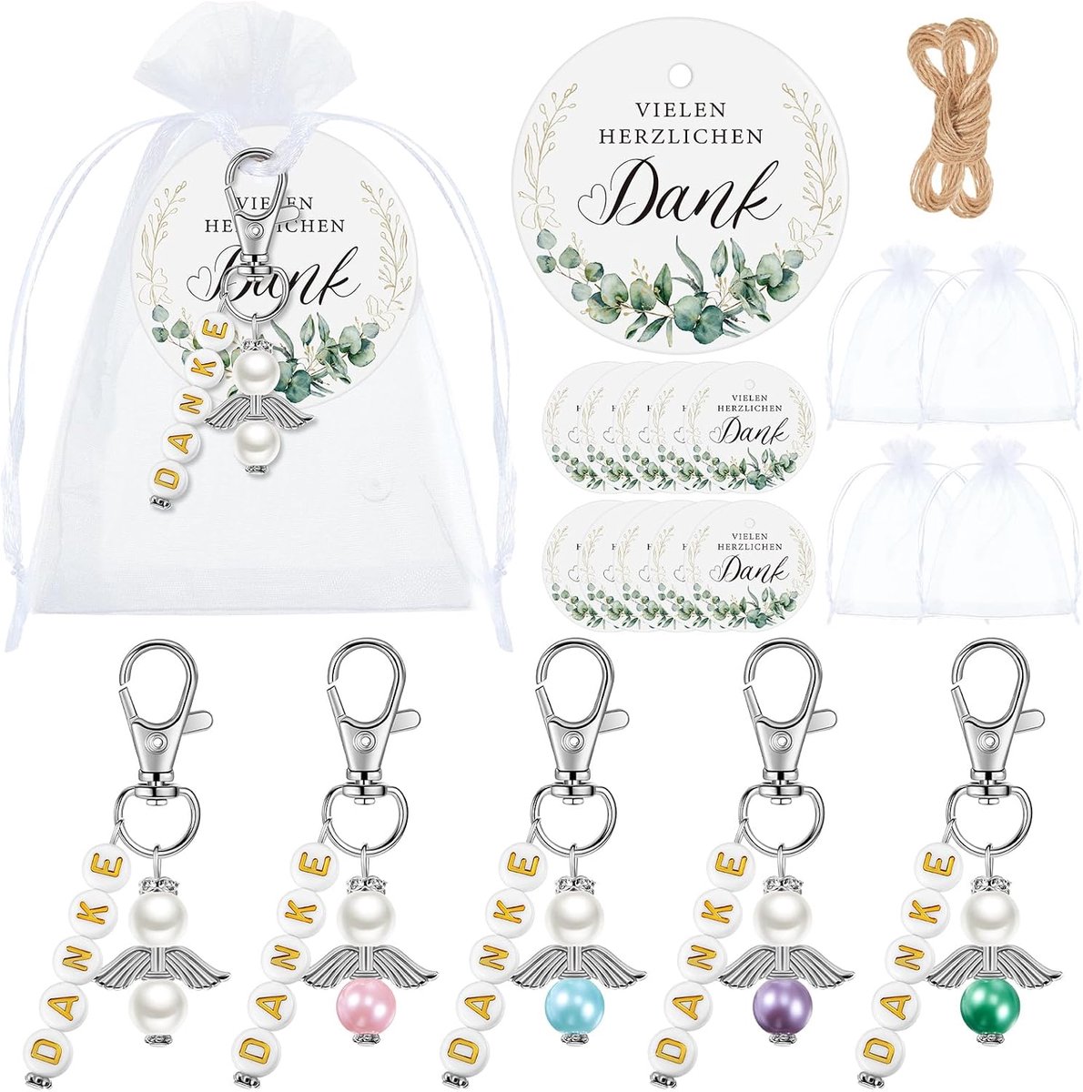 Feestbedankjes met beschermengel - 30 sets sleutelhangers - inclusief kaartjes en organzazakjes - ShopVlot