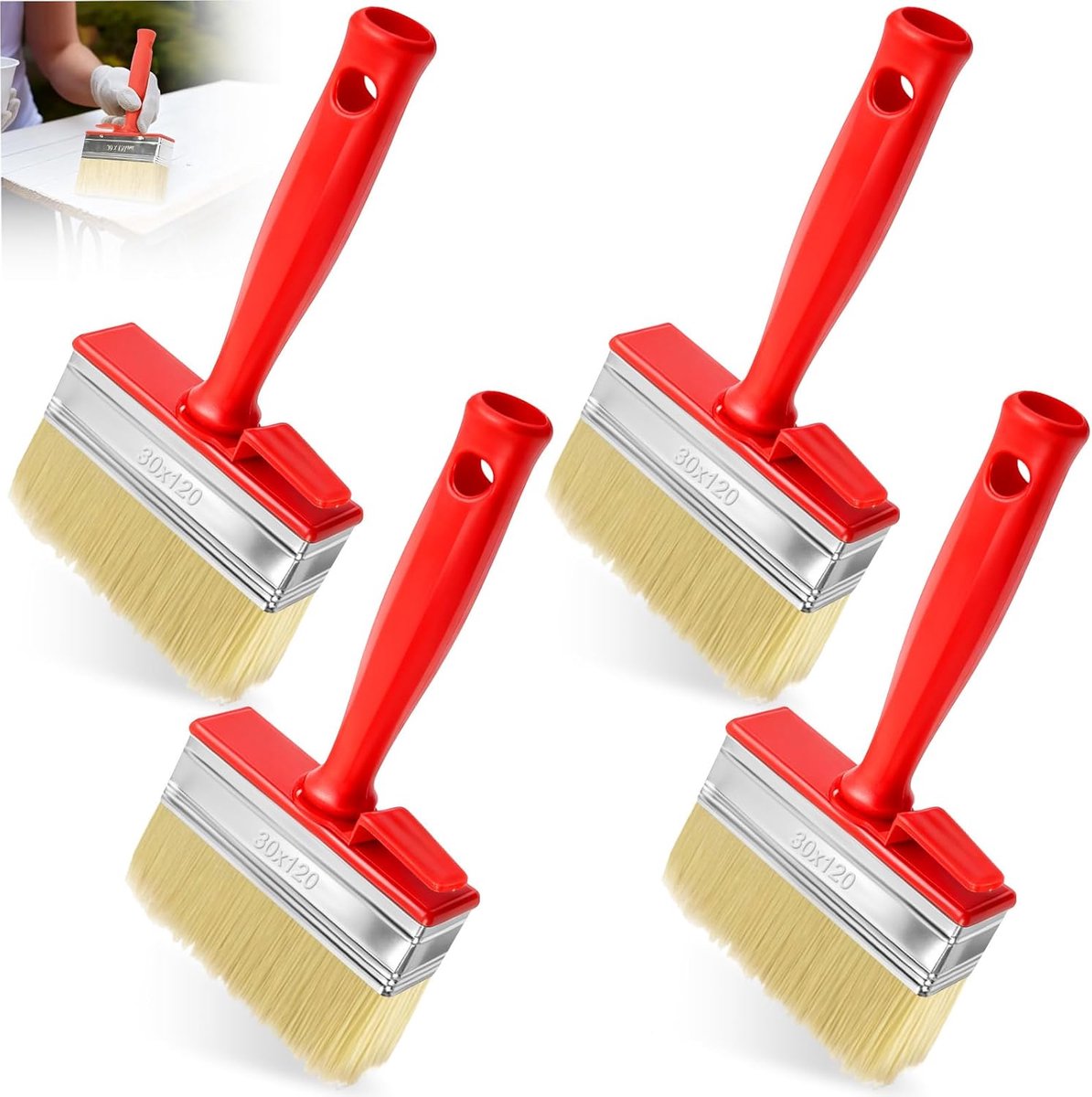 Verfkwast set 4 stuks - vlak 120x30mm - rode kunststof handgreep - ideaal voor hout en muren - ShopVlot
