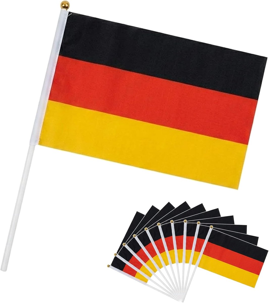Handvlaggen set van 10 14 × 21 cm polyester met stokken | Met staven om te draaien bij voetbal Public Viewing straatfeesten nationale feestdagen sportevenementen en fanfeesten