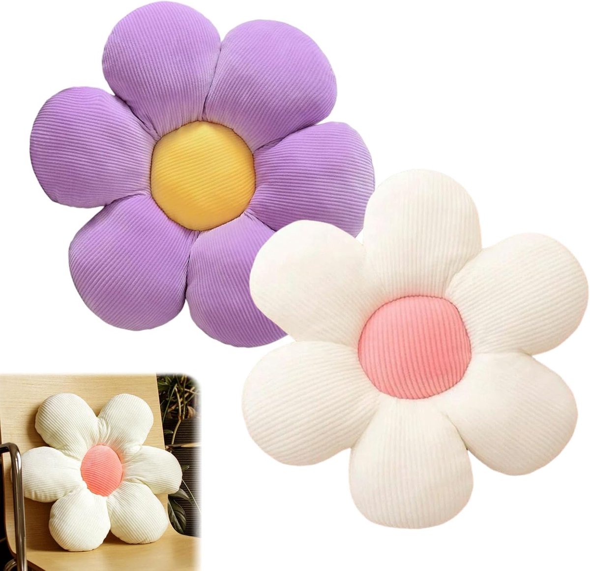 2 stuks, bloemenvloerkussen, zitkussen, 38 x 38 cm, bloemenvloerkussen, tatami, bloemvormig, zacht bloemblaadkussen, bloemenvorm voor slaapkamer, bank, bank (paars en wit)