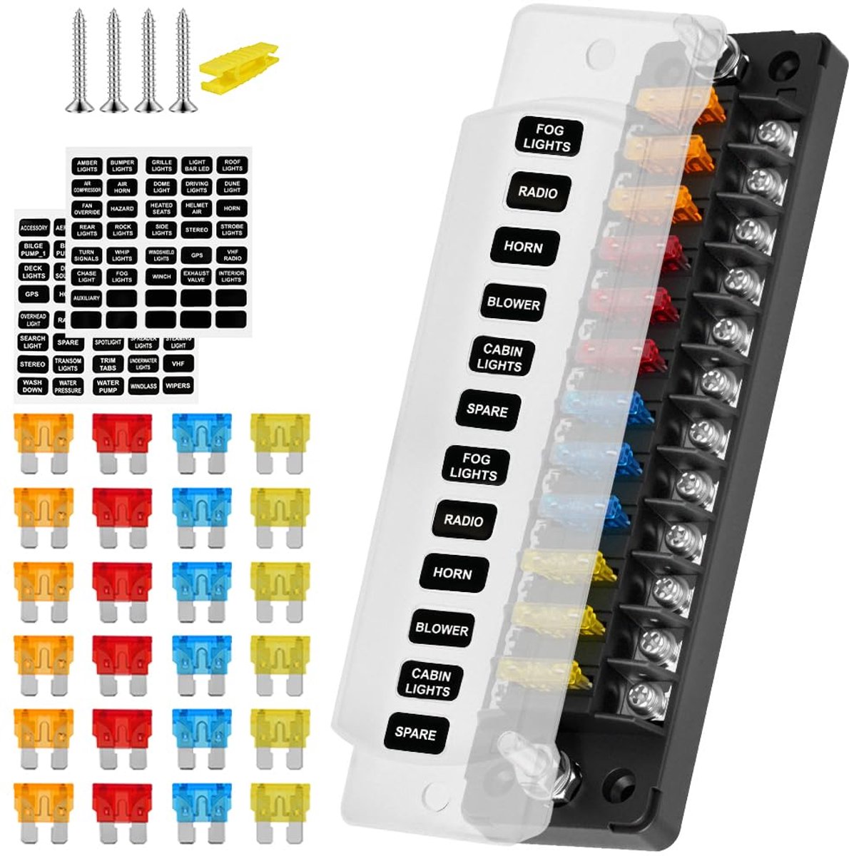 12 Fach Sicherungshalter, 12 Volt Sicherungsblock ATC/ATO Sicherungskasten met positief negatief, met 24 Sicherungen Flachsicherunge, voor DC 12V/24V Auto LKW Auto Wohnmobil Camper Boot