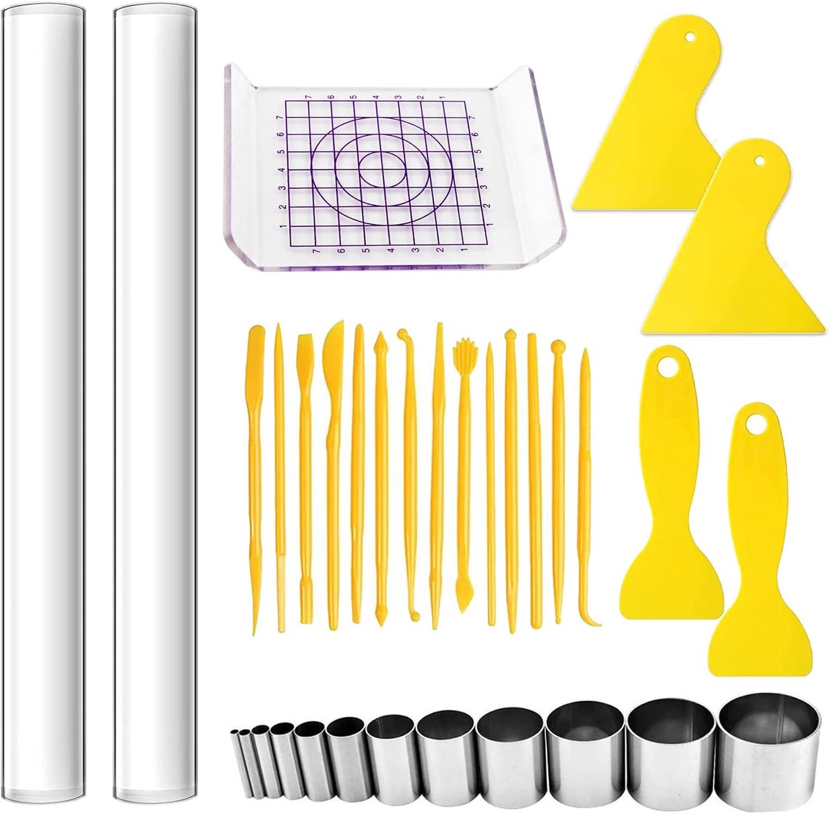 33-Delige Klei Snijder Set - Ronde Polymeer Snijders, Roller Met Steunplank, Plastic Schraper - DIY Tool Voor Vormgeven