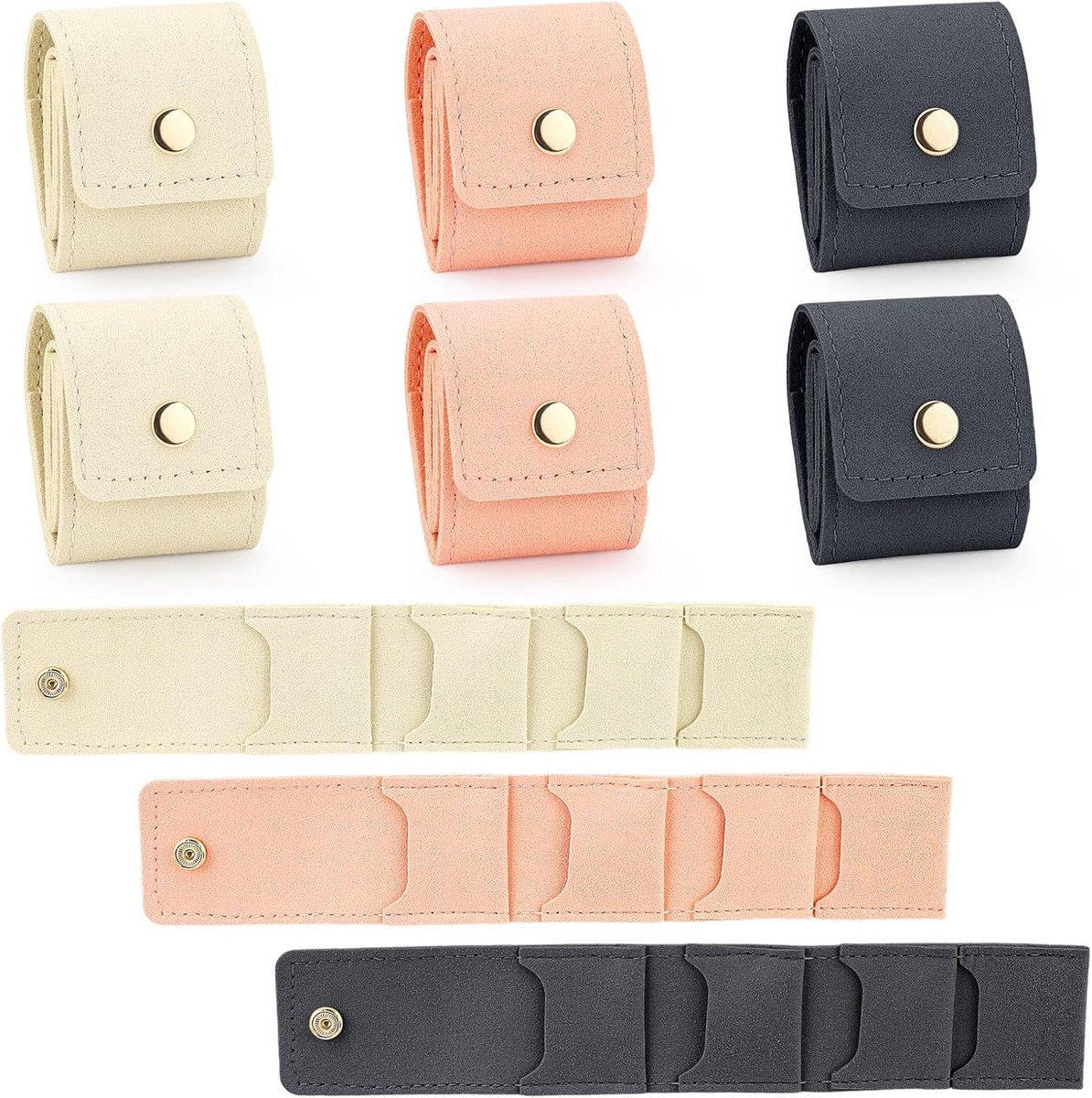 6 stuks opvouwbare mini reizen sieraden zakje rol tas met gesp, draagbaar sieradenzakje voor reizen ketting ring oorbel vrouwen, kleine opslag organizer koffer (3 kleuren)