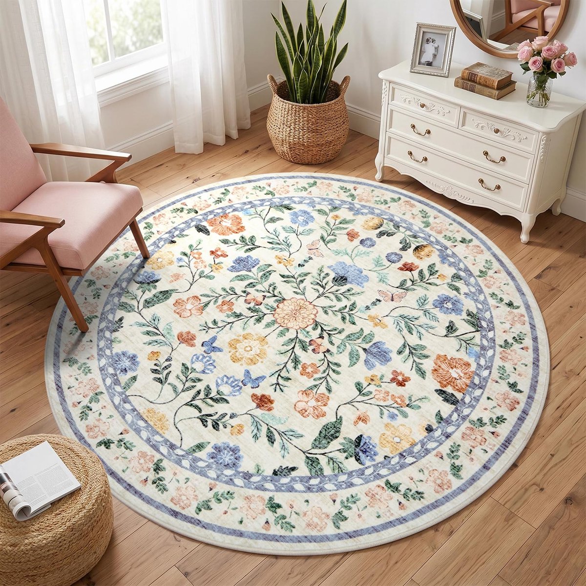 Rond vloerkleed 120 cm - bloemenprint - wasbaar - antislip voor woonkamer - SnelShoppen