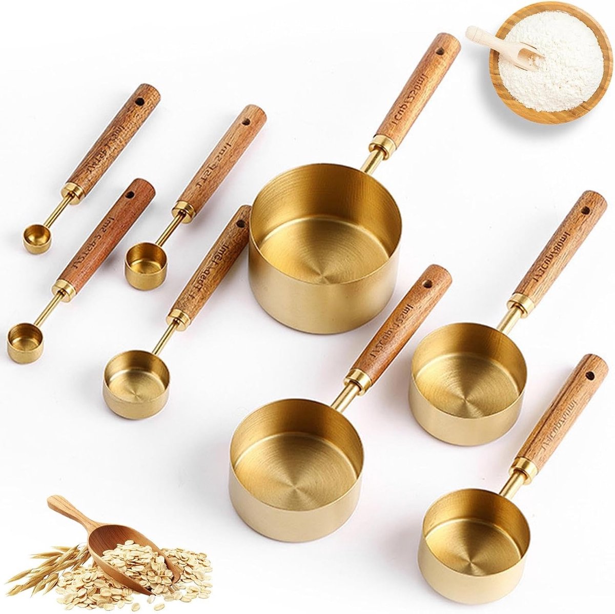 Set van 8 maatbeker- en maatlepels, set van 8 stuks, maatlepelset, roestvrij staal, goud met houten handvat, metrische en Amerikaanse maten, voor koken, bakken en dranken, 60 ml tot 250 ml, voor
