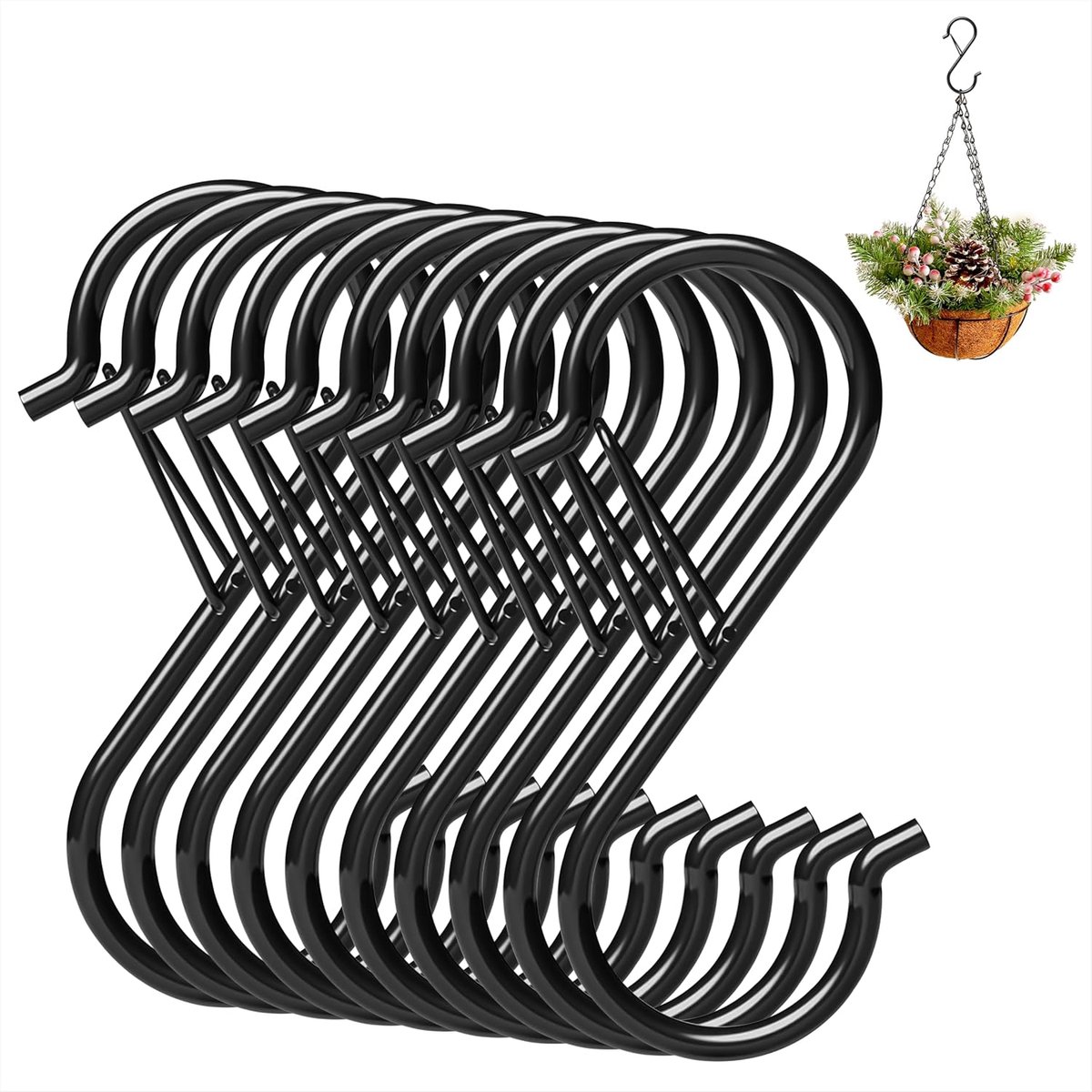 S-haken, 10 stuks, anti-vallen, met veiligheidsgesp, 9 cm, metalen haken voor kledingstang, keuken, gebruiksvoorwerpen, werkplaats, badkamer, tuin, slaapkamer, buiten, zwart
