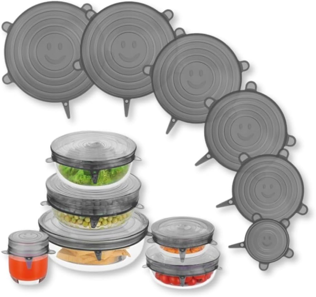 Set van 6 verwijderbare siliconen deksels – herbruikbaar en dicht – van 6,5 tot 19 cm – voor kopjes, borden en bakjes – magnetron, vriezer, vaatwasser