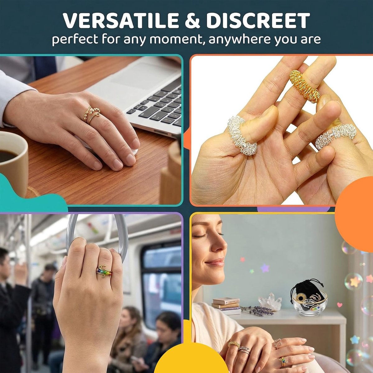 Set van 8 verstelbare anti-stress ringen om stress en angst te verlichten, uniseks, anti-stress ring voor dames, met zwart fluwelen zakje