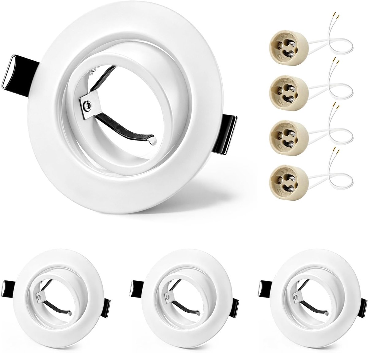 4x GU10 Inbouwspot Frame Wit, 45° Kantelbaar Metalen Inbouwframe, Ø84mm Plat, Gatmaat 68-75mm, 230V GU10 Keramische Fitting, Zonder Lamp
