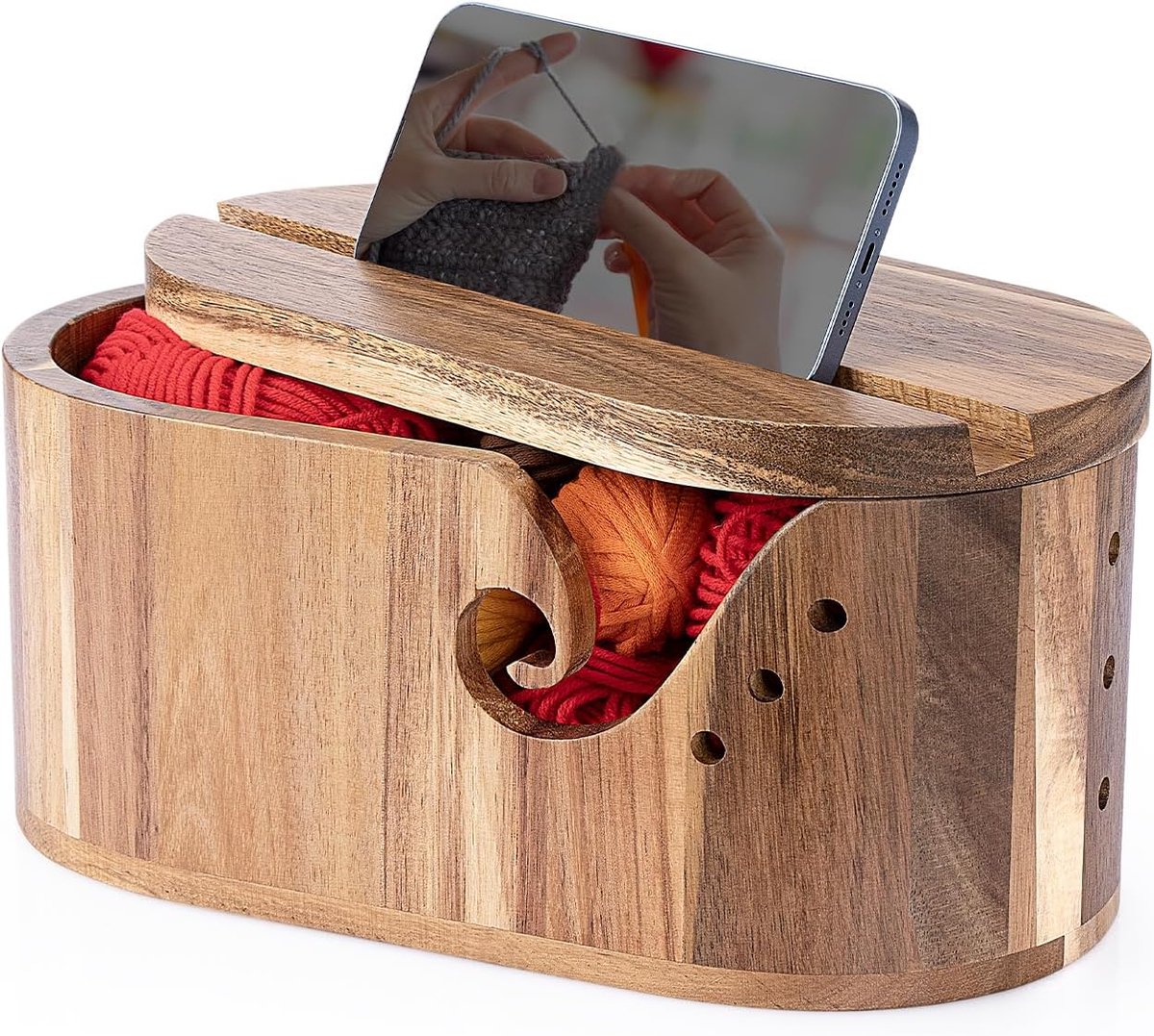Garenkom met Deksel, Houten Breikom Gehaakte Wollen Houder 28,5 x 15 x 12 cm, Voorkom klitten en uitglijden, Haak Garenhouder DIY Breien Accessoires Kit Gift voor breien Liefhebbers