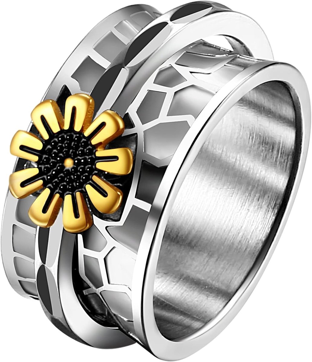 Retro Fidget Spinner Ring Womens Daisy Flower Charm Draaibare Angst Relief Rvs Ring Bands