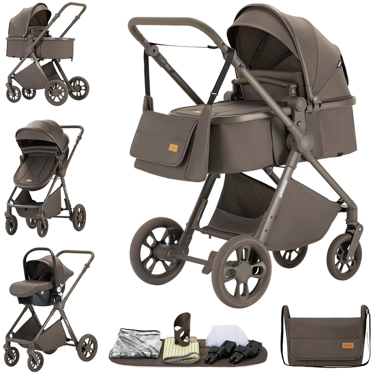 Deluxe 3-in-1 Kinderwagen met Autostoel en Reiswieg – Luxe Combikinderwagen – Vanaf Geboorte – Verstelbare Rugleuning – Inclusief Accessoires – Nieuw Model – Kleur Chocolade Bruin