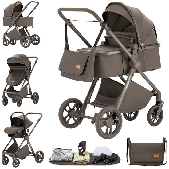 Yazoco combi kinderwagen in chocolade bruin, met autostoel, reiswieg, accessoires en tas.
