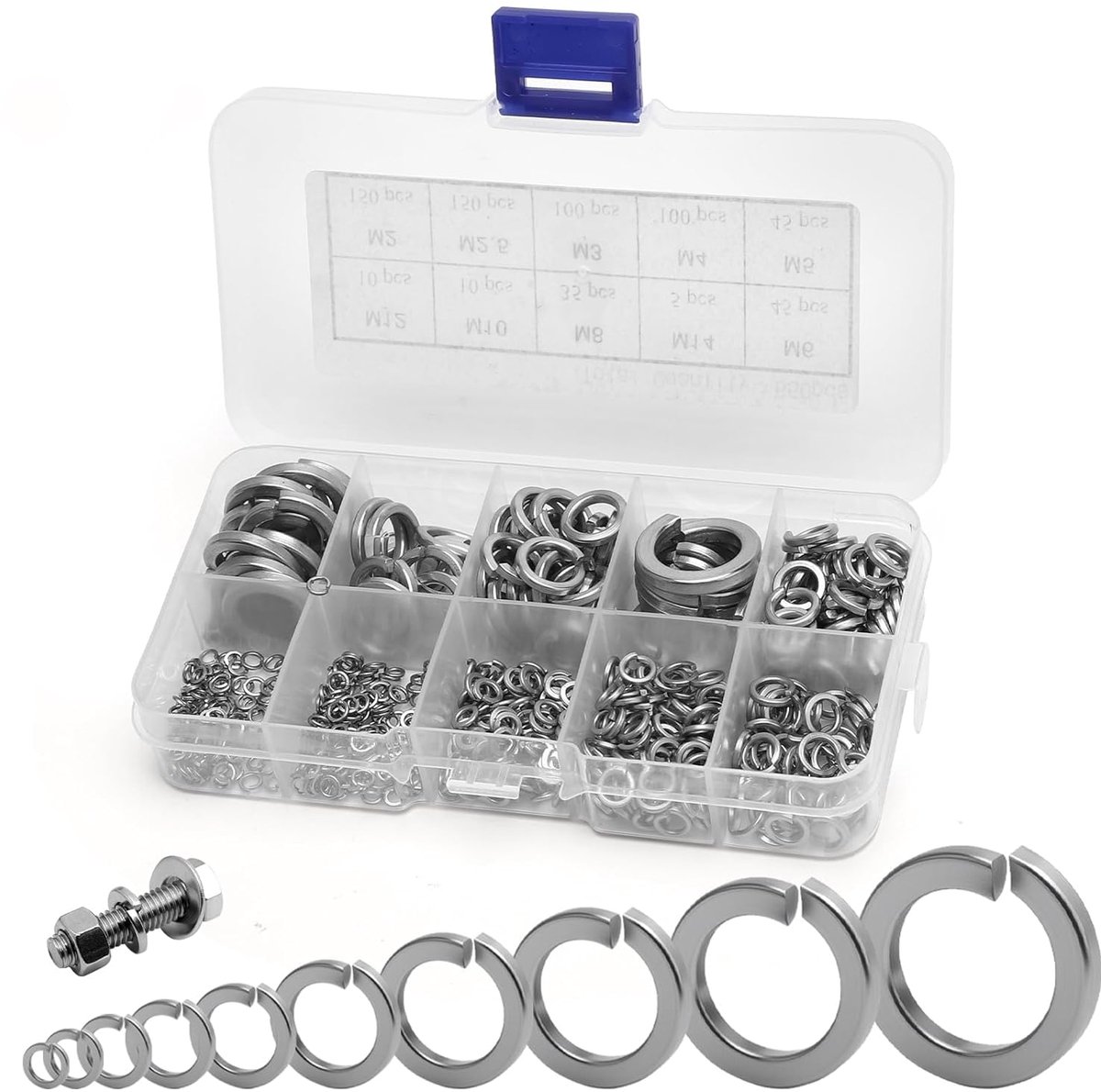 650 stuks veerringen roestvrij stalen set, borgschijven deurscharnier, veerringen assortiment M2/M2.5/M3/M4/M5/M6/M8/M10/M12/M14 roestvrij staal, spiraalvormige veerschijven voor het aantrekken van