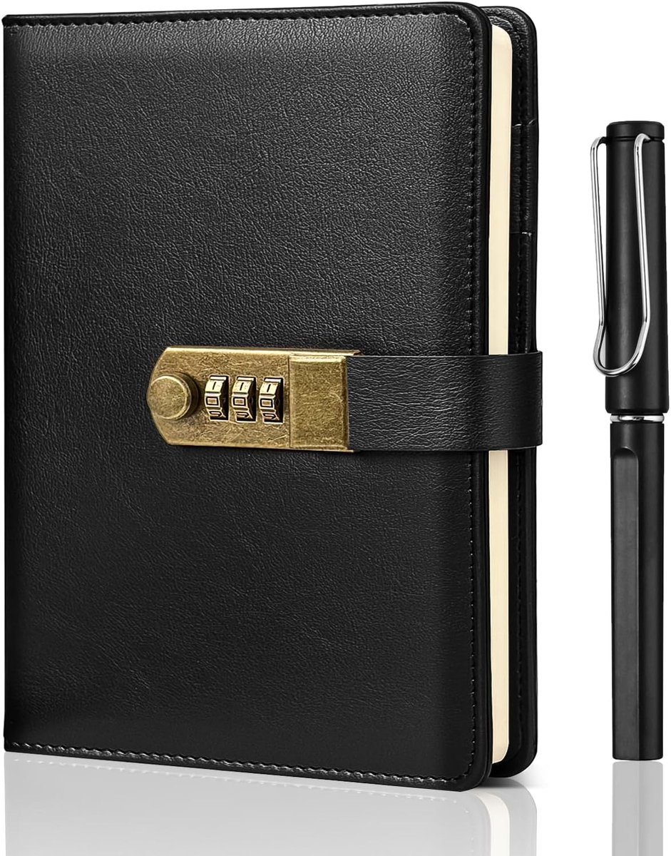 Dagboek met slot,A5 PU-leren notitieboek voor meisjes,vrouwen,mannen,volwassenen en studenten,Navulbaar vintage dagboek met slot en pen,Ideaal voor notities,21 x 15 cm (Zwart)