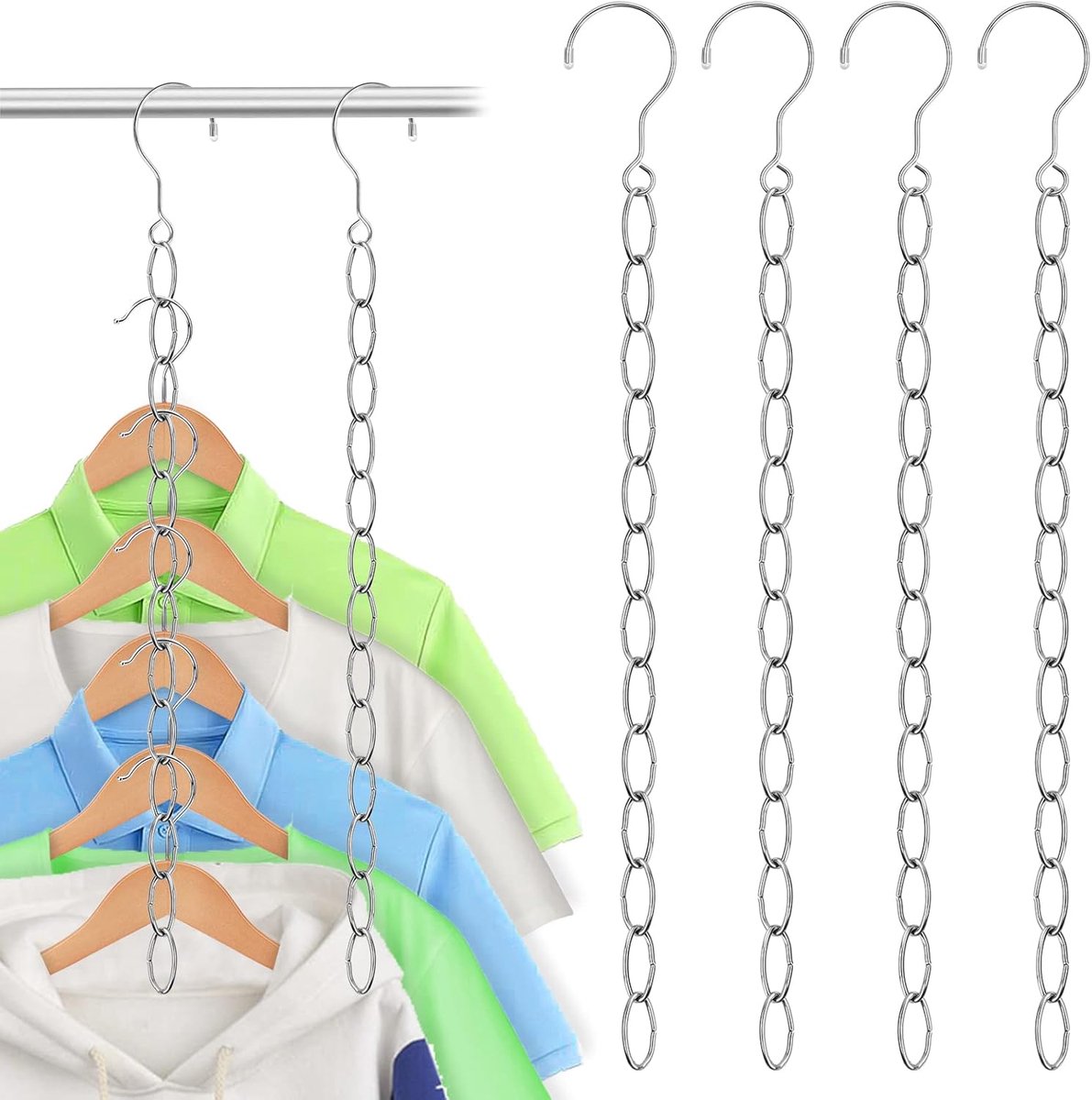4 stuks ruimtebesparende kledinghaken van roestvrij staal, kettingen, kleerhangers, organizer, kleerhangers, magische ruimtebesparende kast, interieur, kettingen voor slaapkamer