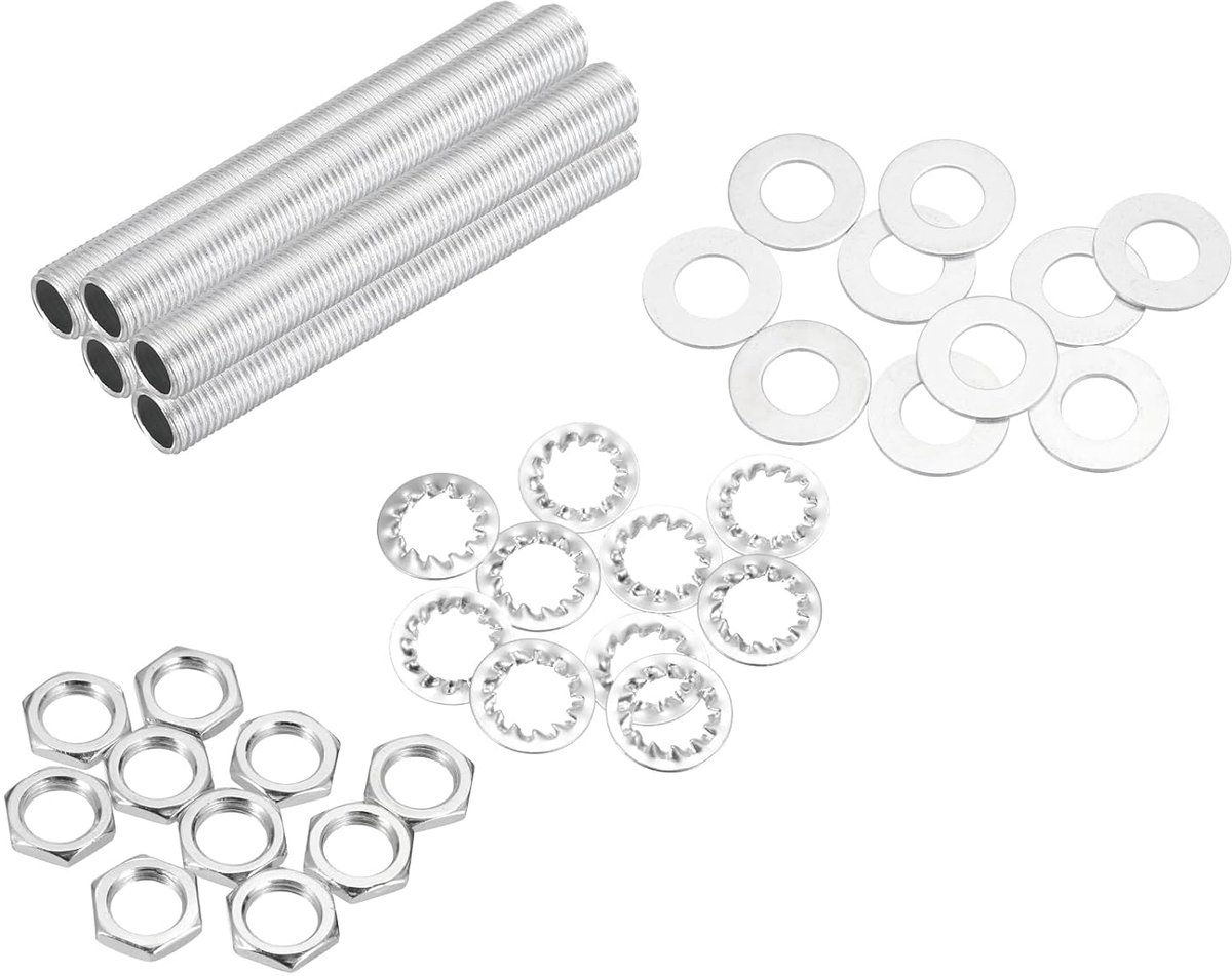 35-delige lamp-buisset, 7,6 cm, met zeskantmoeren en sluitringen, holle buis met fijne schroefdraad M10, voor reparatie van hardware en montage, plafondlampen, doe-het-zelf, zilver