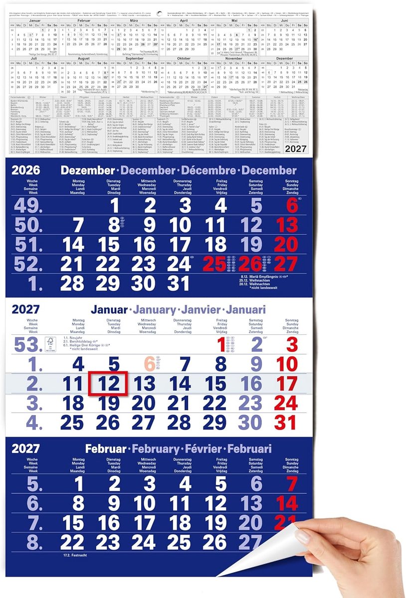 3-maandenkalender 2026, wandkalender met schuiver, blauwe kalender 2026, FSC-gecertificeerd, met schoolvakanties, feestdagen en jaaroverzicht, groot formaat 56 x 30 cm (gevouwen!)
