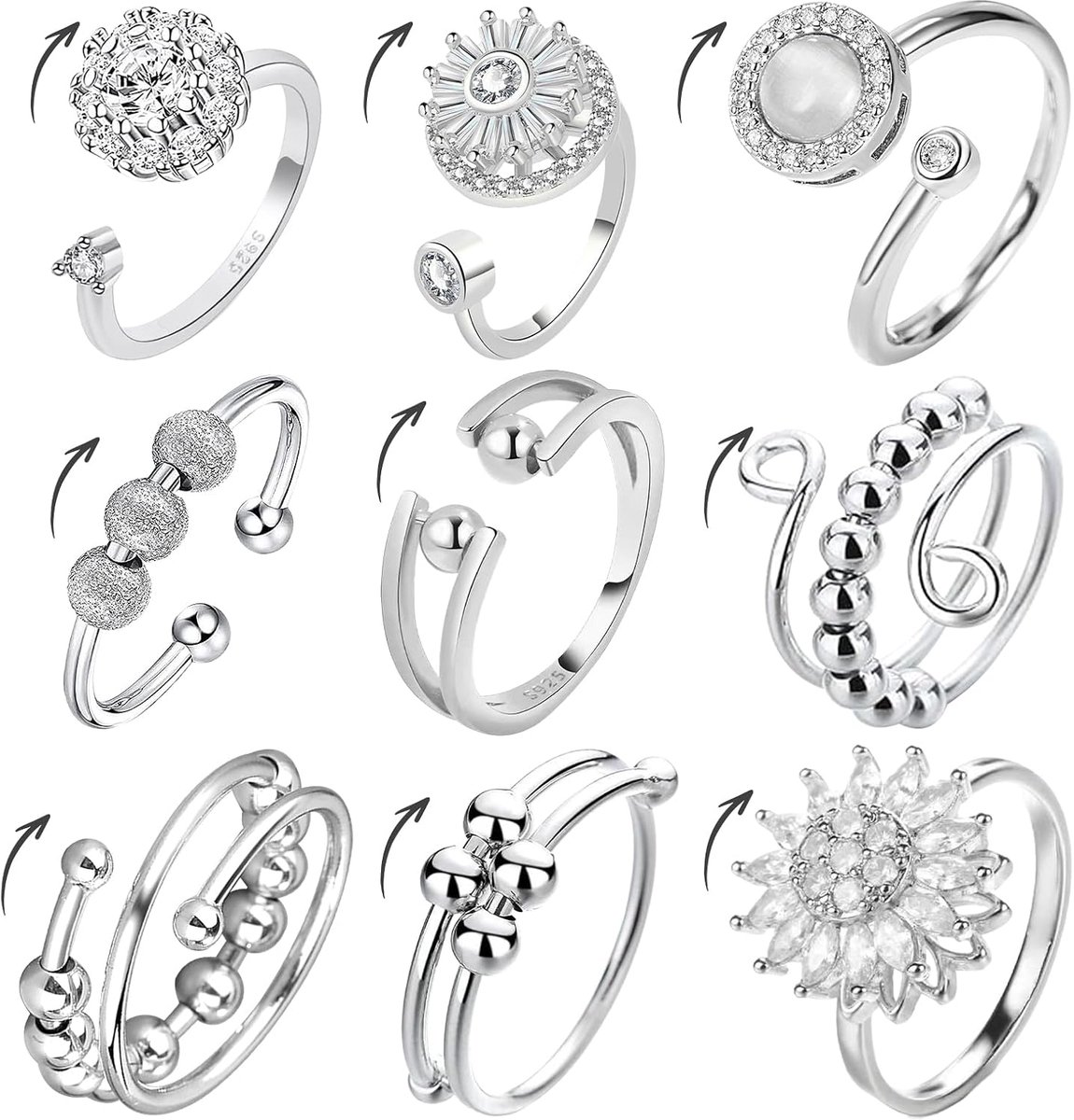Ring, zilver, stressring, spinner-ring, verstelbaar design, symboliseert positiviteit en kracht, stijlvol gecombineerd, cadeau voor pluche, vrienden, klasgenoten en collega's