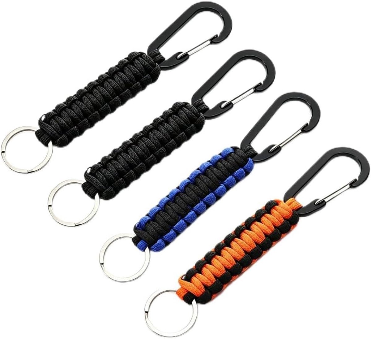 Set van 4 Paracord sleutelhangers met karabijnhaak, gevlochten sleutelkoord voor outdoor, kamperen, wandelen, robuuste sleutelhanger, voor jongens en heren, karabijnhaak met band, in zwart, blauw