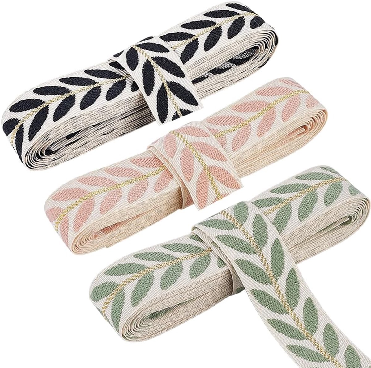 3 rollen 8,23 m 25 mm breed jacquard bladlint vintage geborduurd bladerenpatroon rand geweven stof polyester linten voor naaien maken kleding jurken huisdecoratie cadeaus verpakken DIY knuts