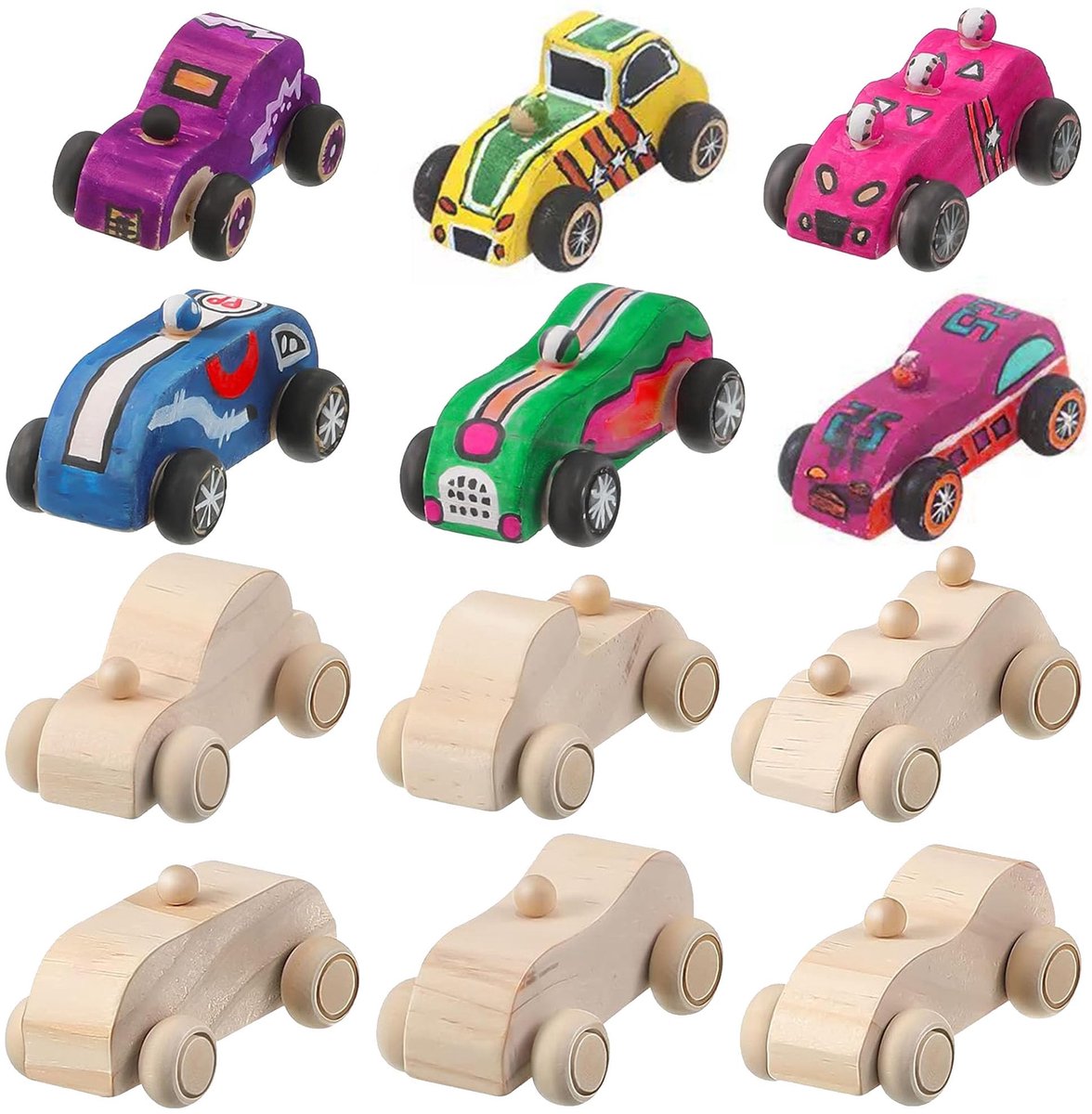 Houten auto om te schilderen - mini DIY - decoratie voor handwerkprojecten - 6 stuks - SnelShoppen