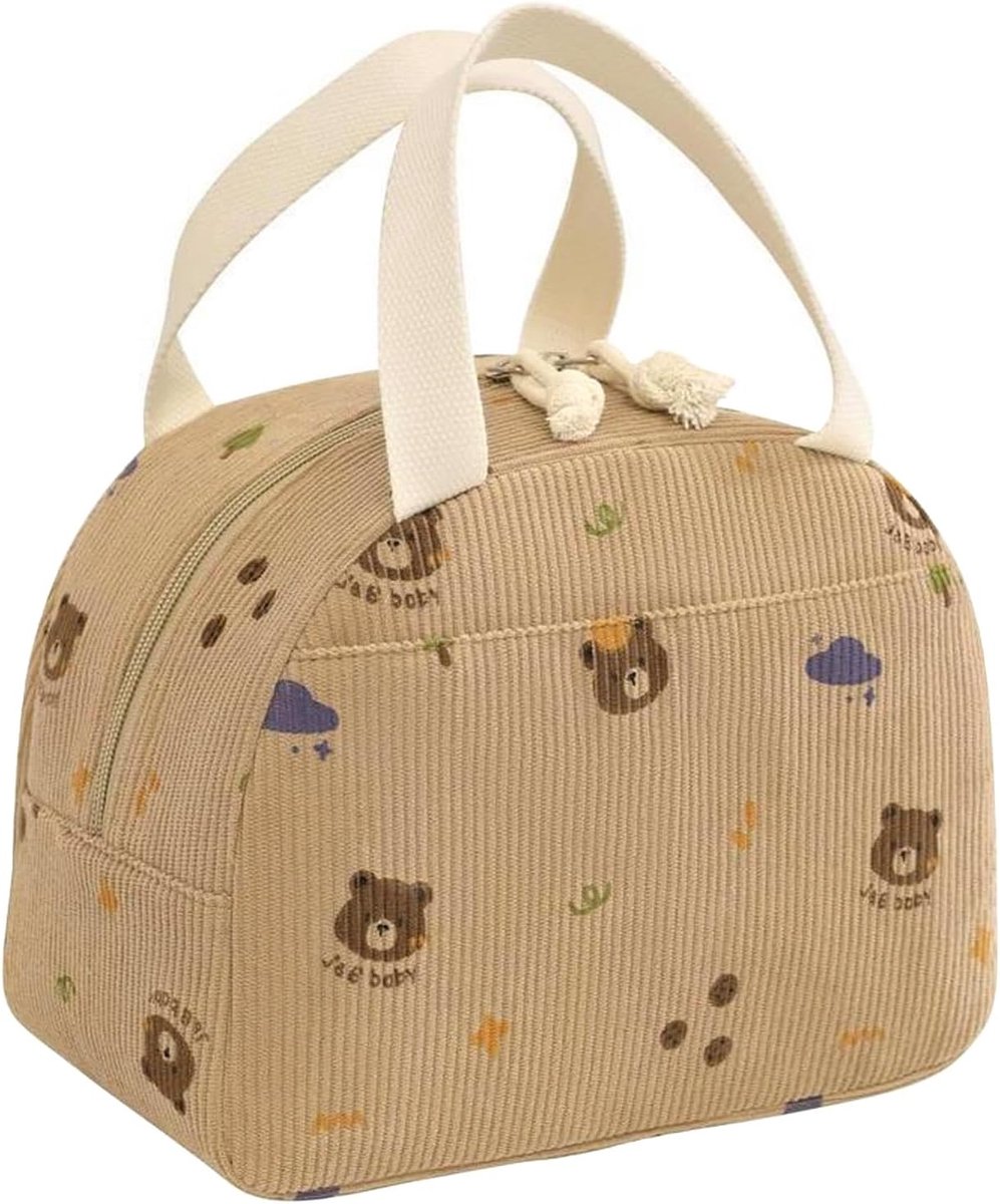 Koeltas voor dames, draagbaar, lunchbox, lunchtas, geïsoleerd, van corduroy, voor studenten, kantoor, werk, picknick, (bruine beer)