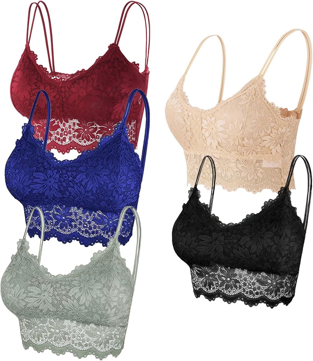 Bralette van kant voor dames, gevoerde beha, set van 5 stuks in één set, geschikt voor verschillende maatbehoeften, biedt comfort en stijl, perfect voor dagelijks gebruik of speciale