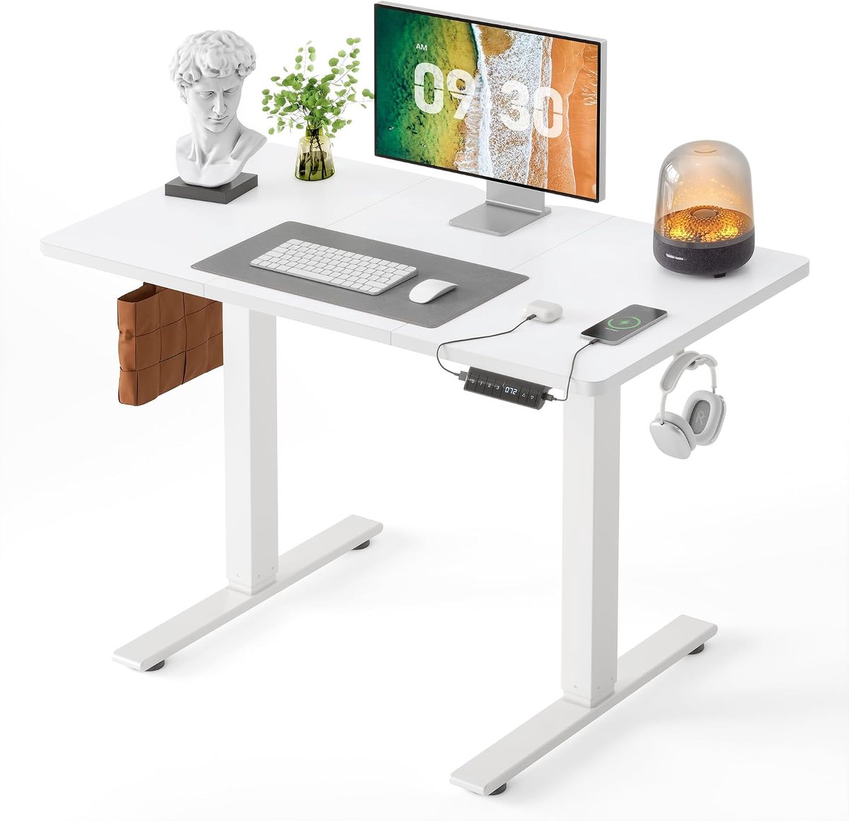 Elektrisch in hoogte verstelbaar bureau, sta-bureau van 120 x 60 cm met geheugencontrole en antibotsingstechnologie, wit frame/witte afwerking