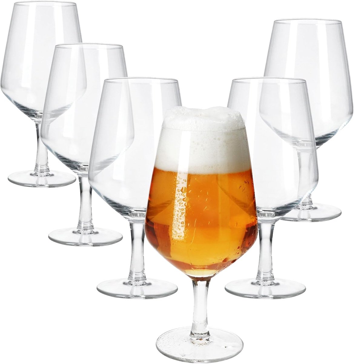 Bierglazen, 400 ml, hoogte 18 cm, voor 6 personen, bierkelk van glas met voet, transparant bierglas, bierglazen voor feestjes, verjaardagen, feesten, bierfeesten enz
