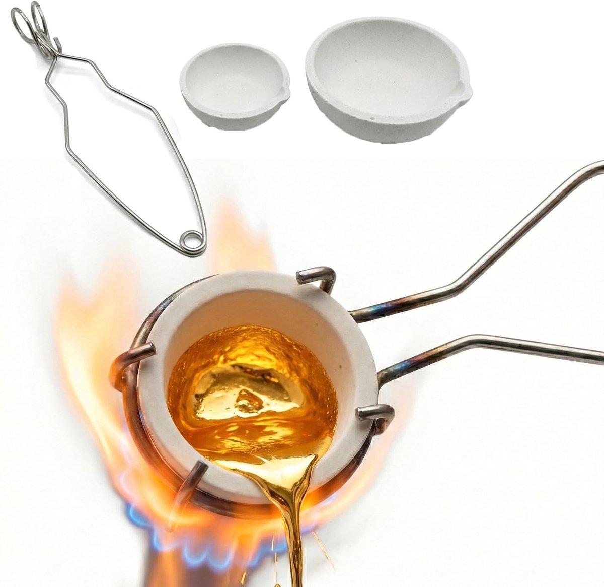 Smeltovent Kit Smeltkroes Set: Premium gesmolten kwarts smeltkroes 1537°C, 100g + 250g met griptang, taps toelopende wanden en gietuitloop. Ideaal goud- en zilversmeltkit
