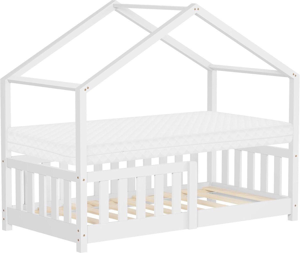 Kinderbed huis 70x140 cm wit met matras houten bed met valbeveiliging lattenbodem en dak speelbed van grenenhout voor kinderen Montessori vloerbed juniorbed bedframe speels bedhuis