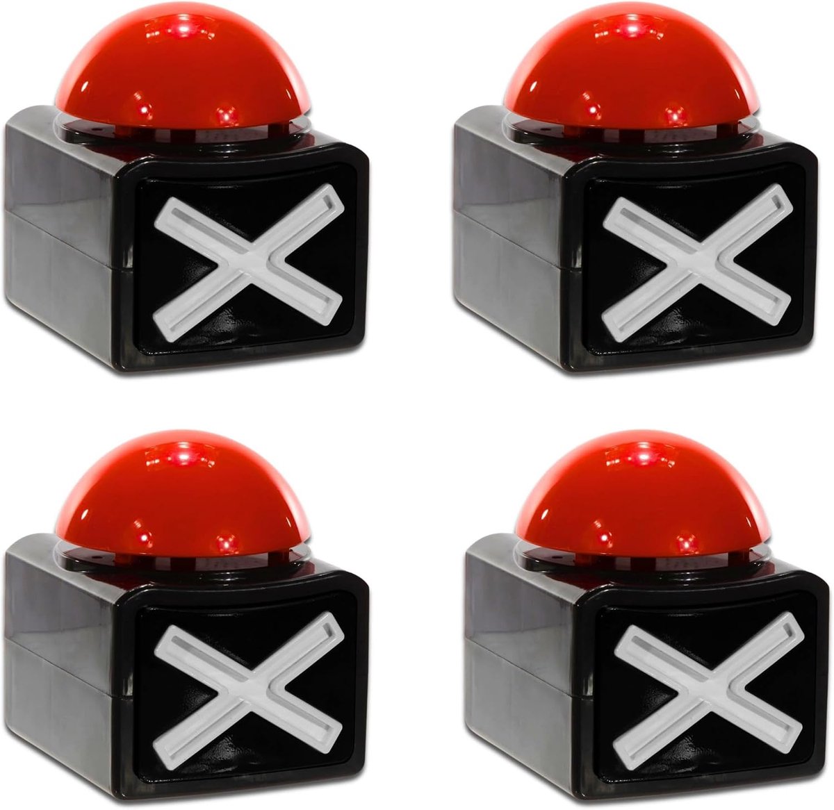 Bing Set van 4 XL Buzzer Button met geluid en lichteffecten, perfecte | quizavonden en feestspelletjes, accessoires voor quiz games, op batterijen werkende alarmknop, spelavonden en spelshows