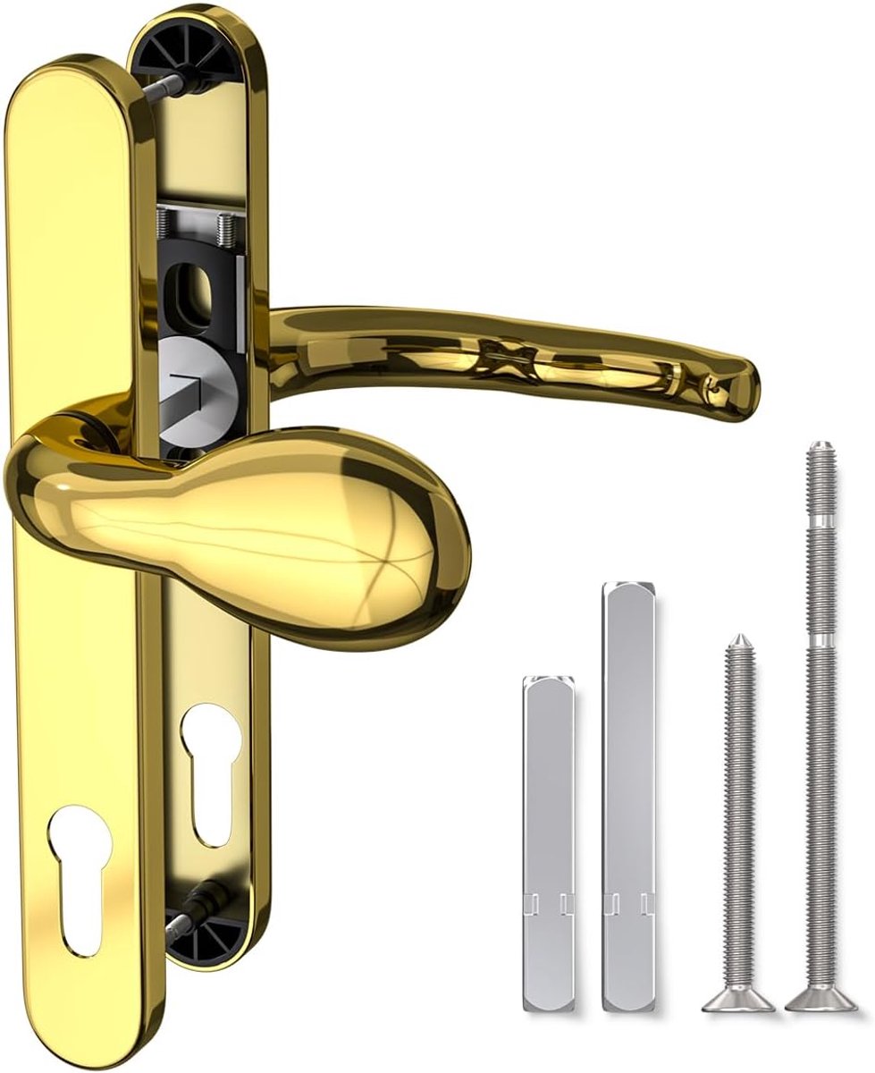 1 stuks PVD goud roestvrij staal UPVC deurklink, hendel/pad inline 92mm backset, 211mm schroef gat afstand, 243mm plaat lengte voordeur handgrepen voor UPVC deur