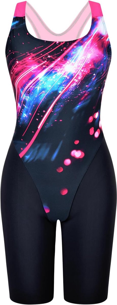 Sportbadpak voor dames, racerback, zwart, sport, badmode, kosmisch neon, 44