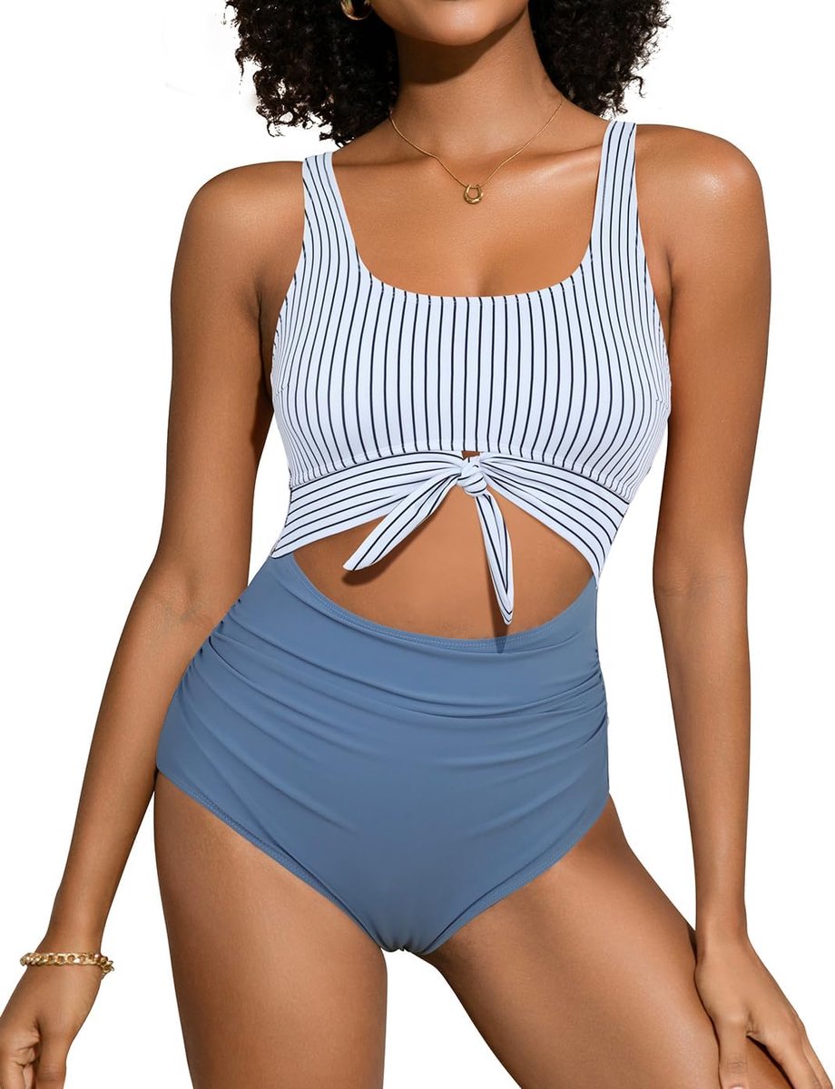 Eendelig badpak voor dames met ruches, figuurcorrigerend badpak, met cutout, stropdas