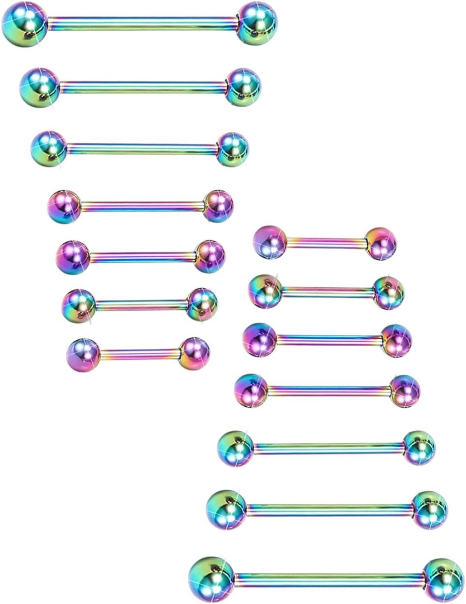 14 stuks, 14 G, chirurgisch staal, tongpiercing, 10/12/14/16/18/20/22 mm, staafje van chirurgisch kunststof (gekleurde ballen)
