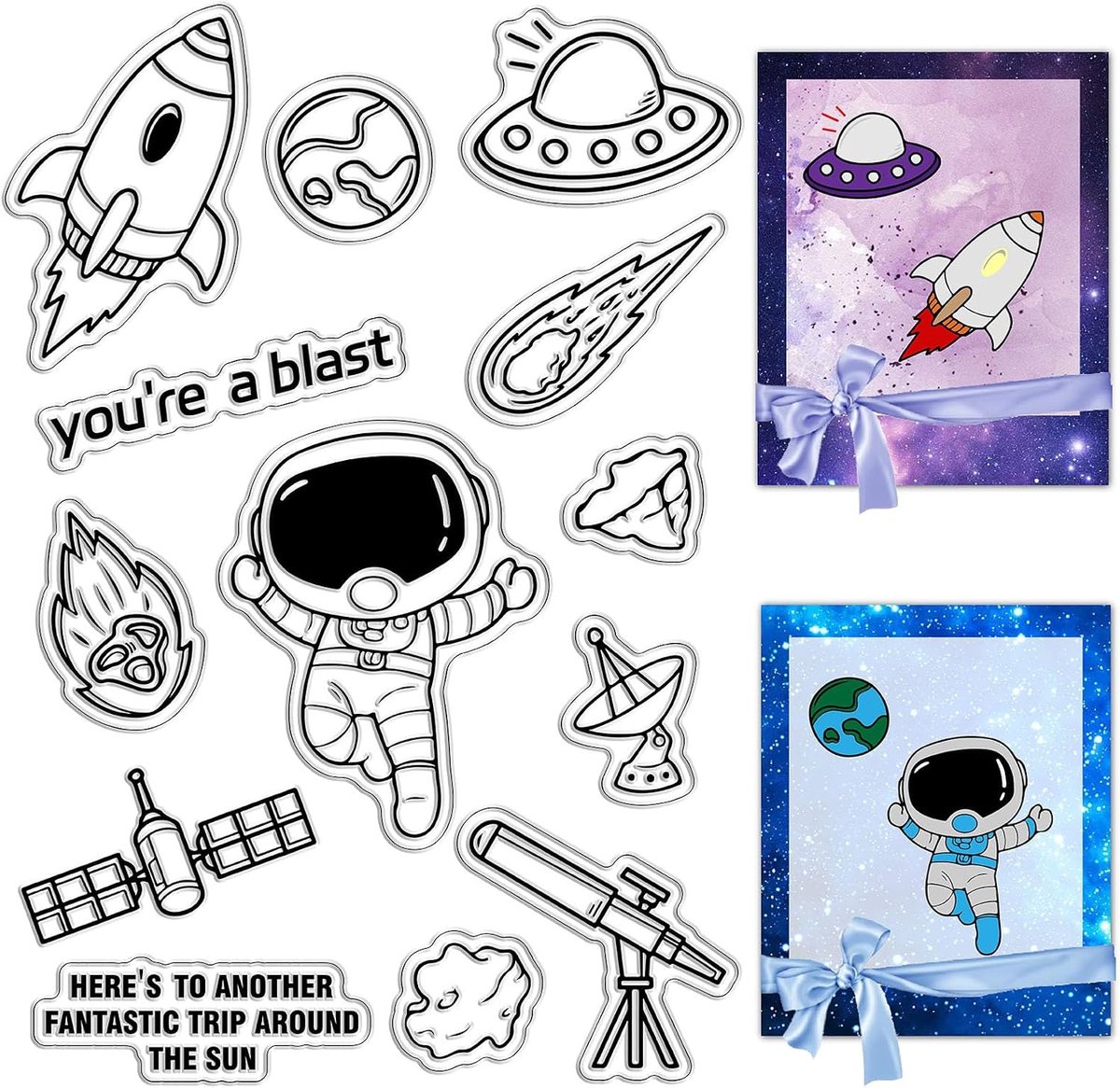 Doorzichtige rubberen ruimteschip-stempels met astronauten, raket, ruimtetelescoop, woord, poststempel, ziliconen, voor fotoalbum, doe-het-zelf decoratie, plakboeken, inpakpapier, filmframe