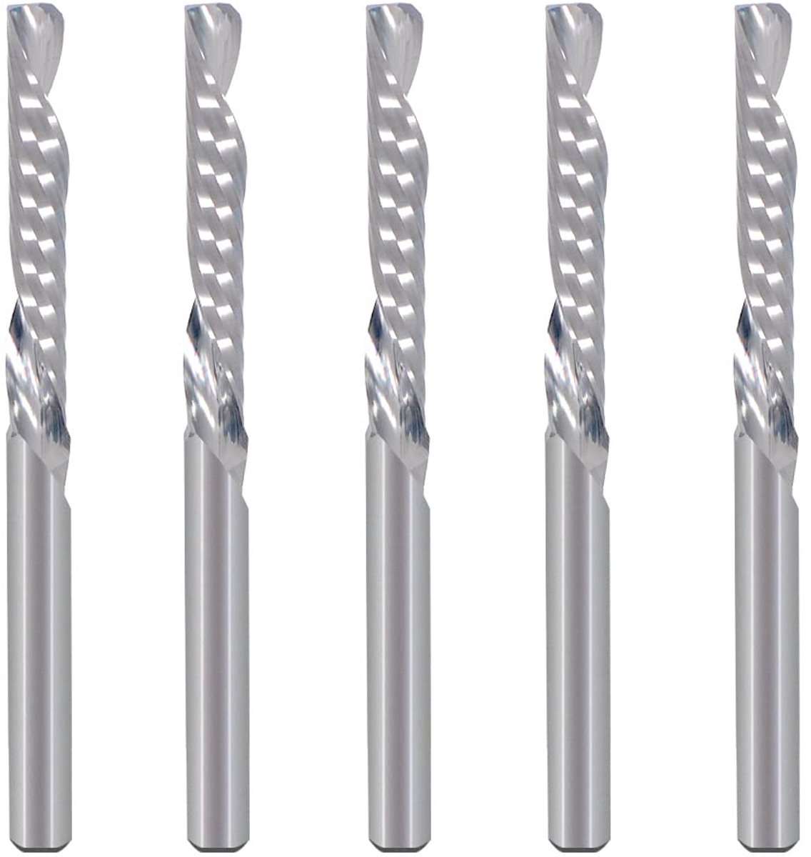1/8 inch naar beneden gesneden afzonderlijke fluit (O-fluit) spiraal End Mill CNC freesbits, met 1/8 inch diameter diameter, 0,87 inch snijlengte voor acryl pvc MDF hout Pack van 5