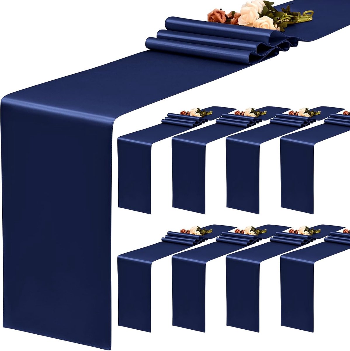 Satijnen tafelloper van 8 stuks, marineblauwe tafelloper, 30 x 183 cm lange zijden tafelloper voor bruiloft, feest, verjaardag, banket, tafeldecoratie - marineblauw