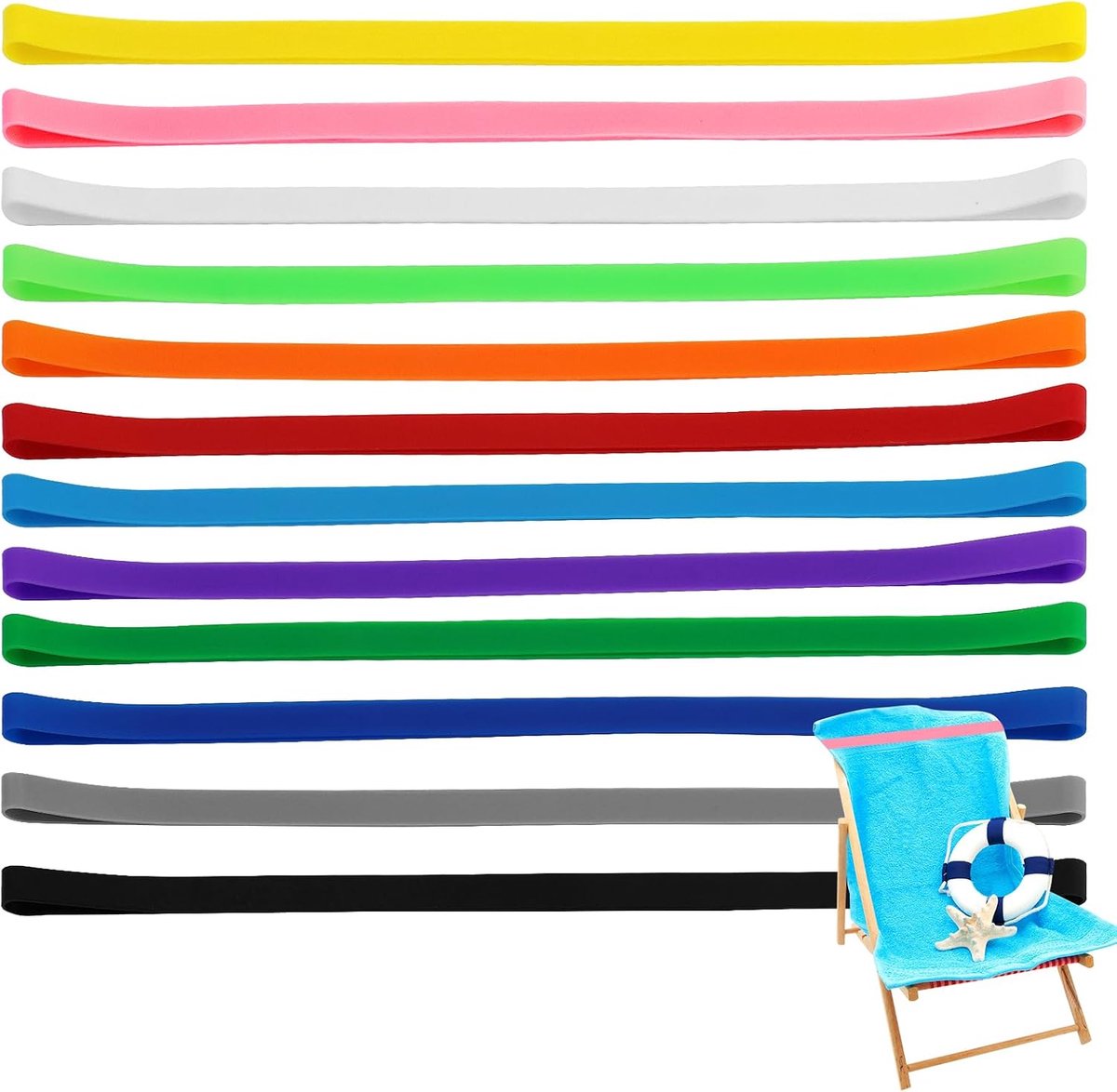 12 stuks strandkorf, handdoekband, elastische handdoekband, kleurrijke handdoekbanden, voor notebook, secretaire, papier, kleding, camping, strand (multicolor)
