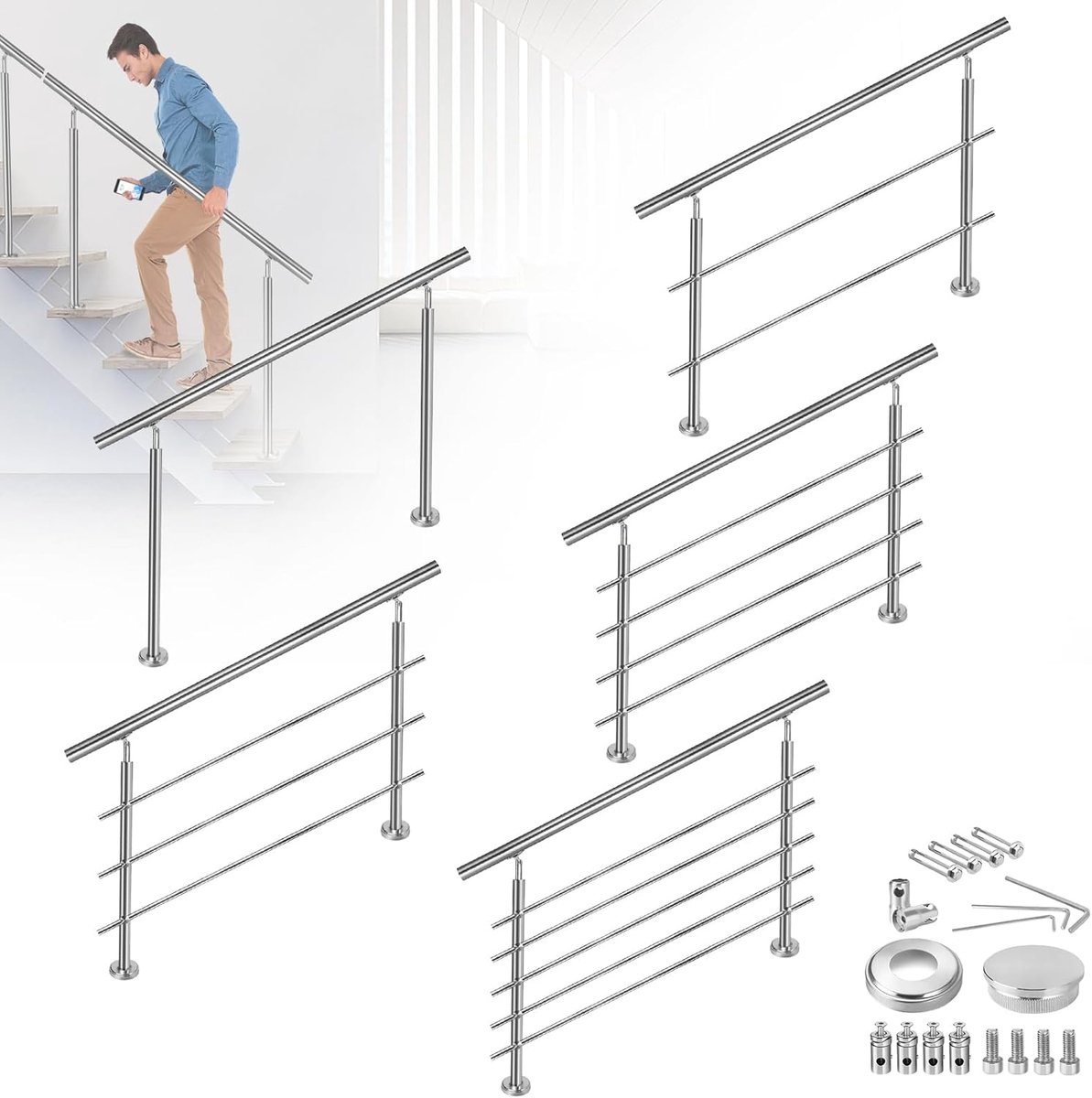 Roestvrij stalen trapleuning voor buiten, 120 cm, leuning met 2 palen, trapleuning, bouwpakket voor binnen en buiten, trappen, 2 dwarsbalken