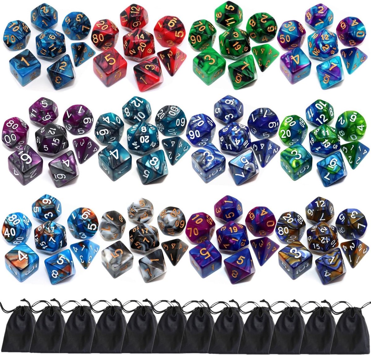 Dobbelstenen Set, 12 Stuks, Dubbelkleurige D&D Dobbelstenen Sets, Compatibel met Dungeons and Dragons, Rollenspel, RPG, MTG, Dobbelstenen met D4, D6, D8, D10, D%, D12, D20 (12 Kleuren)