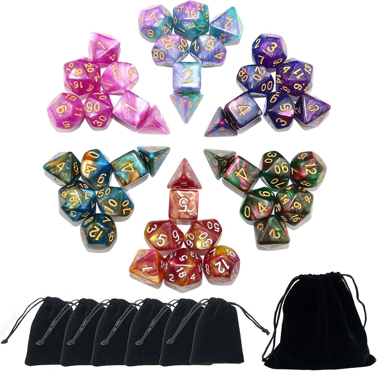 Glitter polyedrische dobbelstenen sets met zakjes voor DND RPG MTG Dungeon en Dragons Tafelbord Roll Spellen D4 D8 D10 D12 D20 (6-kleuren Sets)