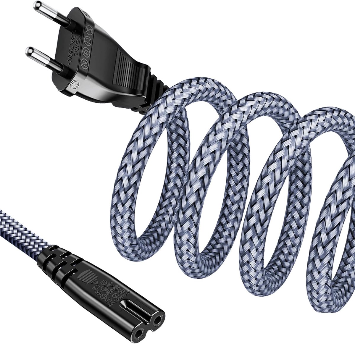 2-polig, netsnoer 3 m stroomkabel, stroomkabel (CEE 7/16 naar C7), type C eurostekker met VDE, nylon gevlochten kleine apparaatkabel voor TV, PS3/PS4/PS5/Xbox serie X/S, Blu-ray